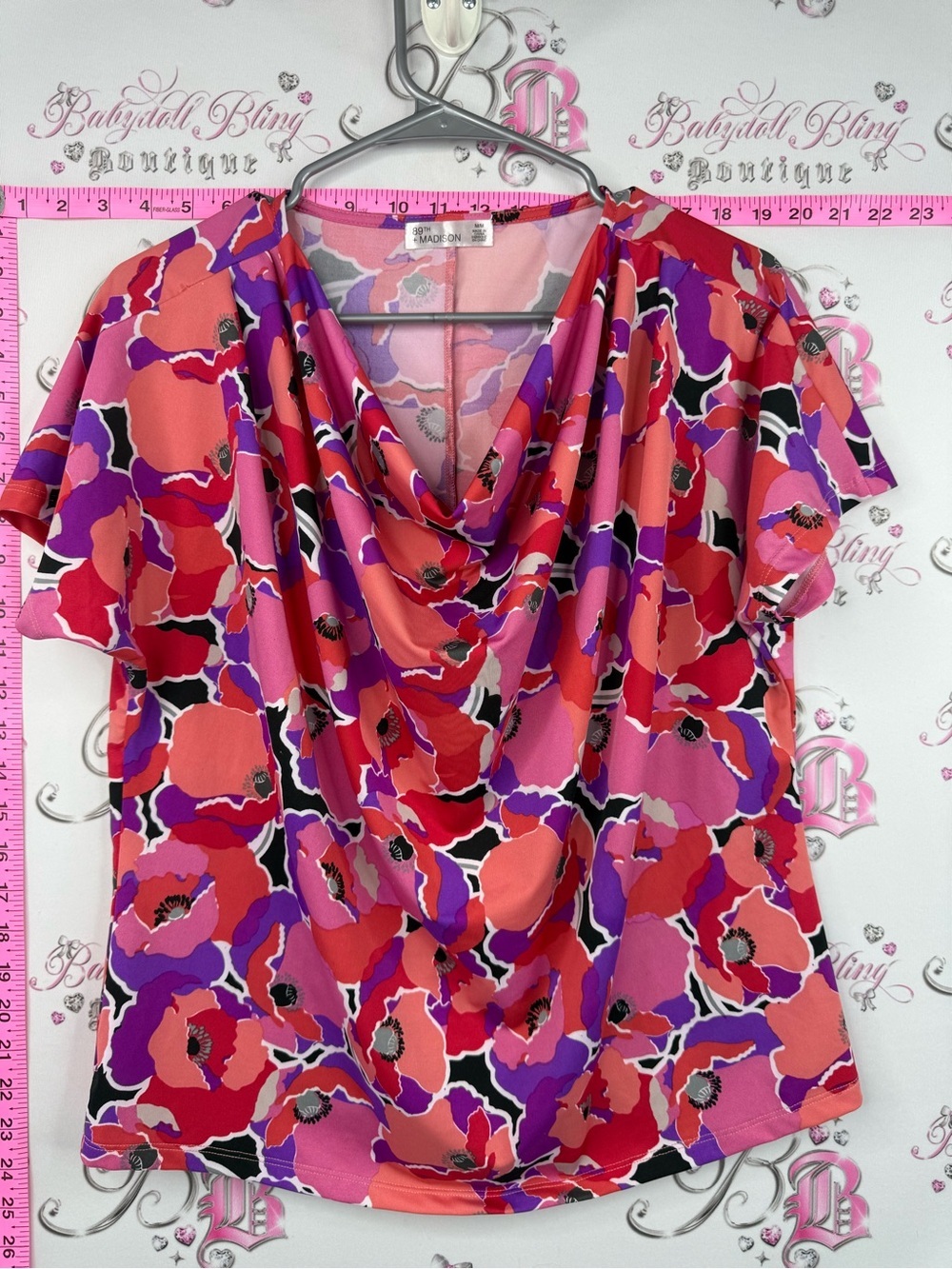 89th & Madison tee Vibrant Floral Cowl Neck Top in Pink, Red & Purple